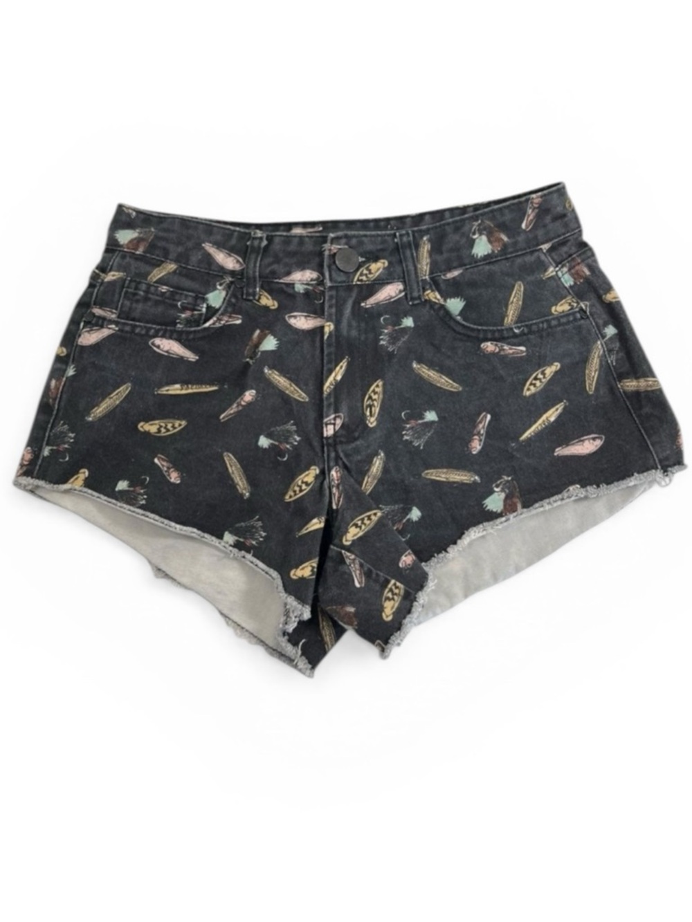 ANIMALE Feathers Print Black Cut Off Denim Shorts